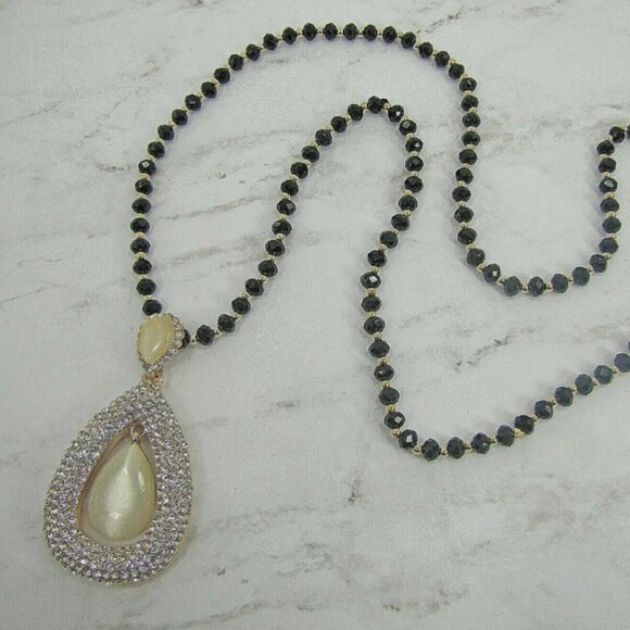Large White Cat Eye Stone Pendant Necklace w/ Clear Crystals, blacl glass beads - Picture 4 of 7